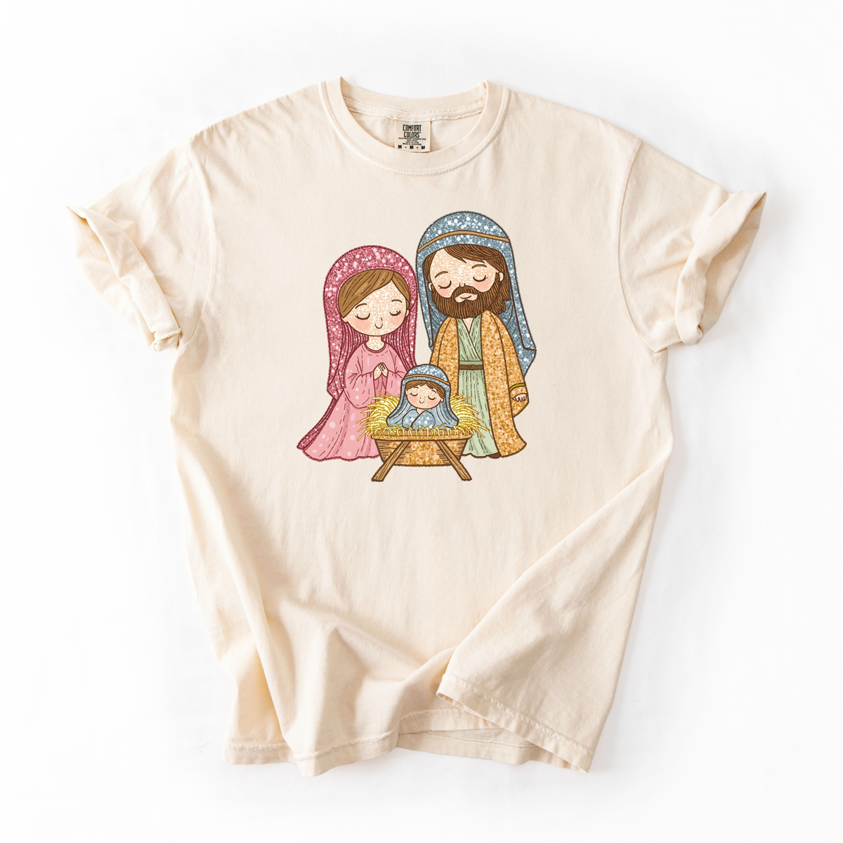 Cartoon Nativity Scene- Faux Sparkle Christmas Tshirt