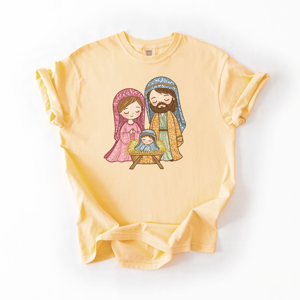 Cartoon Nativity Scene- Faux Sparkle Christmas Tshirt