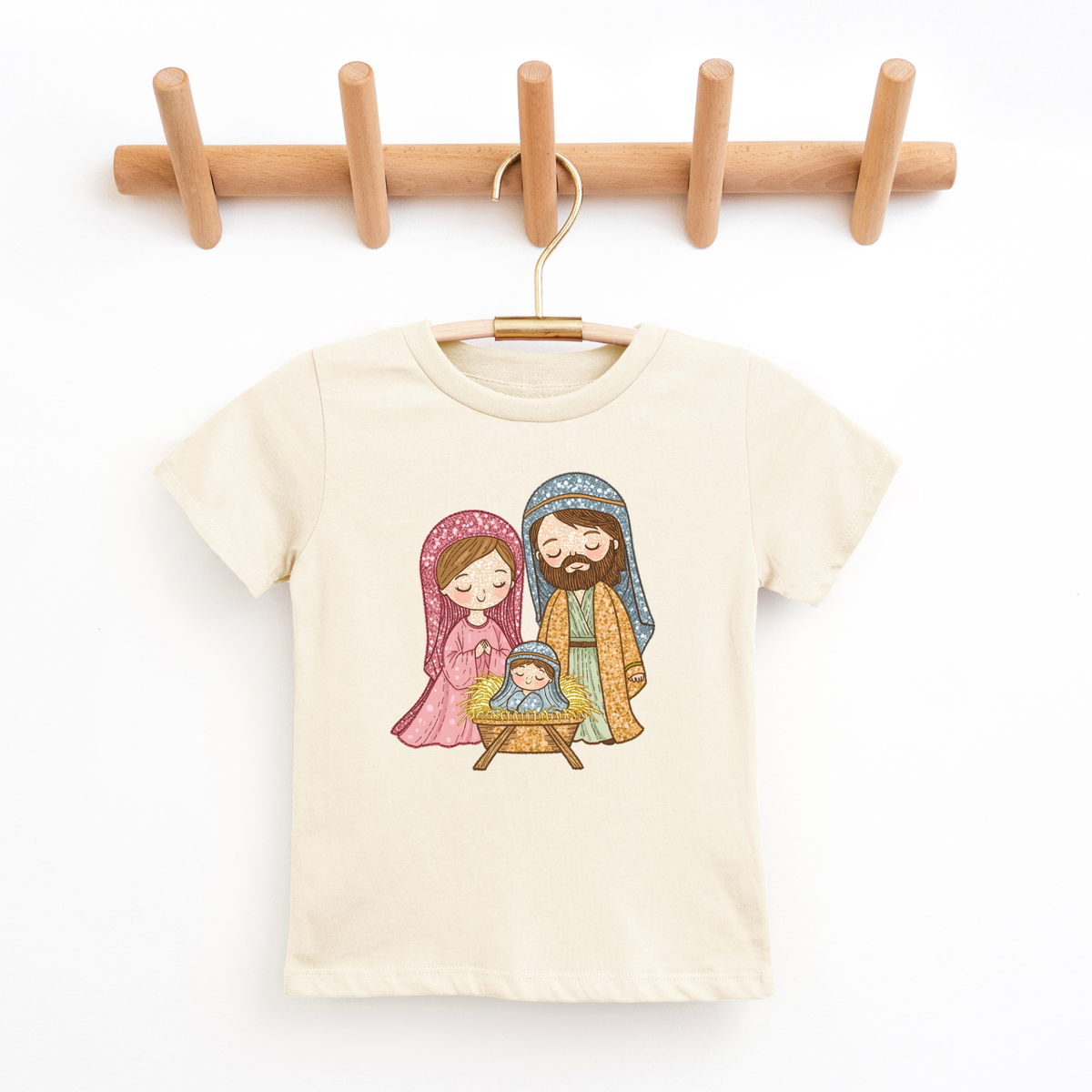Cartoon Nativity Scene- Faux Sparkle Girls Jesus Tee