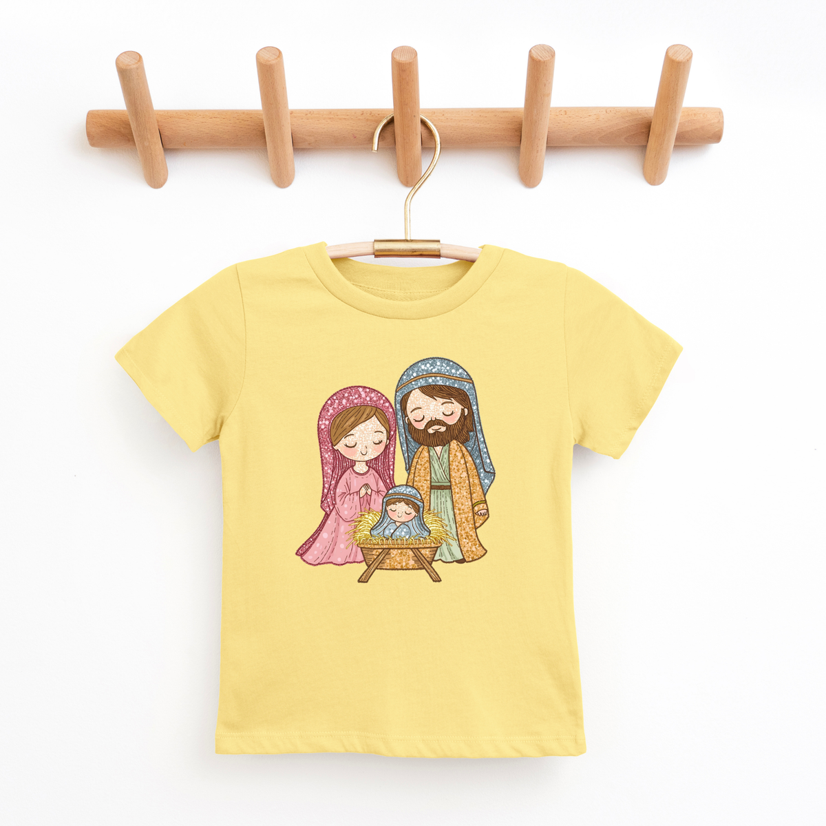 Cartoon Nativity Scene- Faux Sparkle Girls Jesus Tee