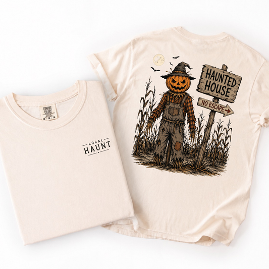 Scarecrow Haunted House- Pocket Back Graphic Tee