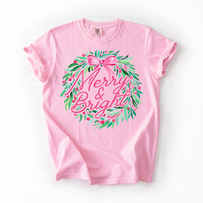Merry & Bright- Pink Christmas Wreath Women's Tee