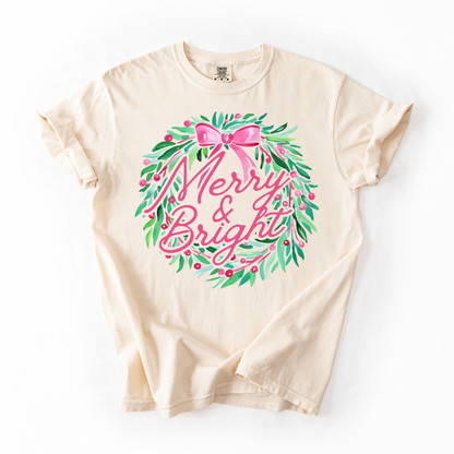 Merry & Bright- Pink Christmas Wreath Women's Tee