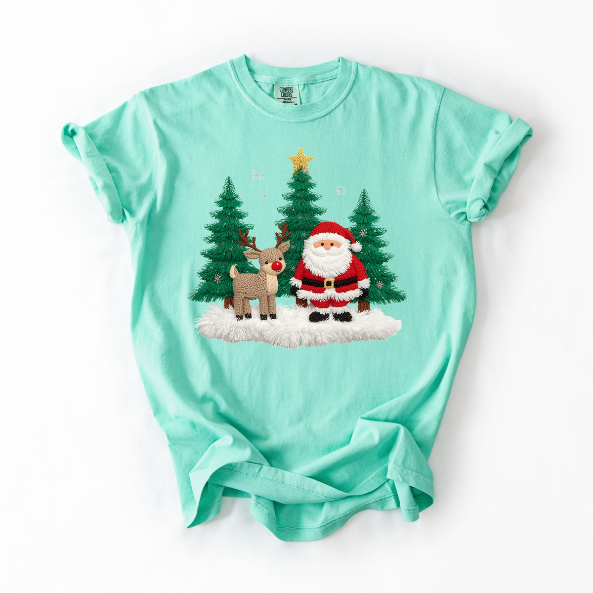 Faux Yarn Santa & Reindeer- Trendy Women's Tee