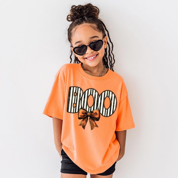 Boo Stripe Retro Trendy Girls Halloween Printed Tshirt